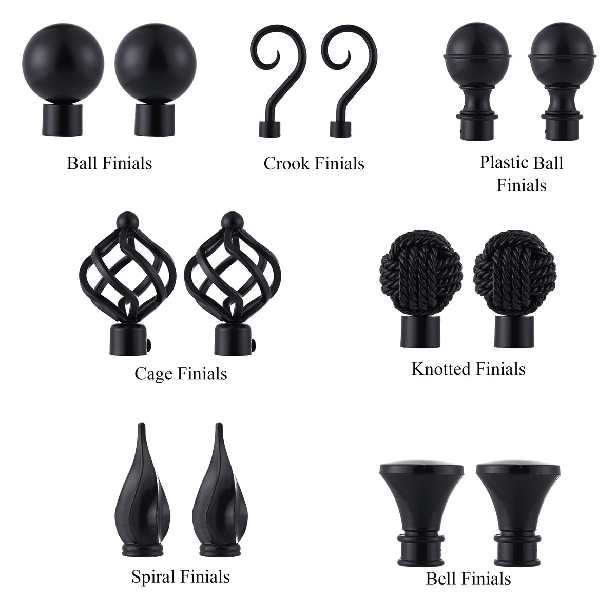 19mm Curtain Pole Ends Finials Pack of 2 Adjustable Screws Obsidian