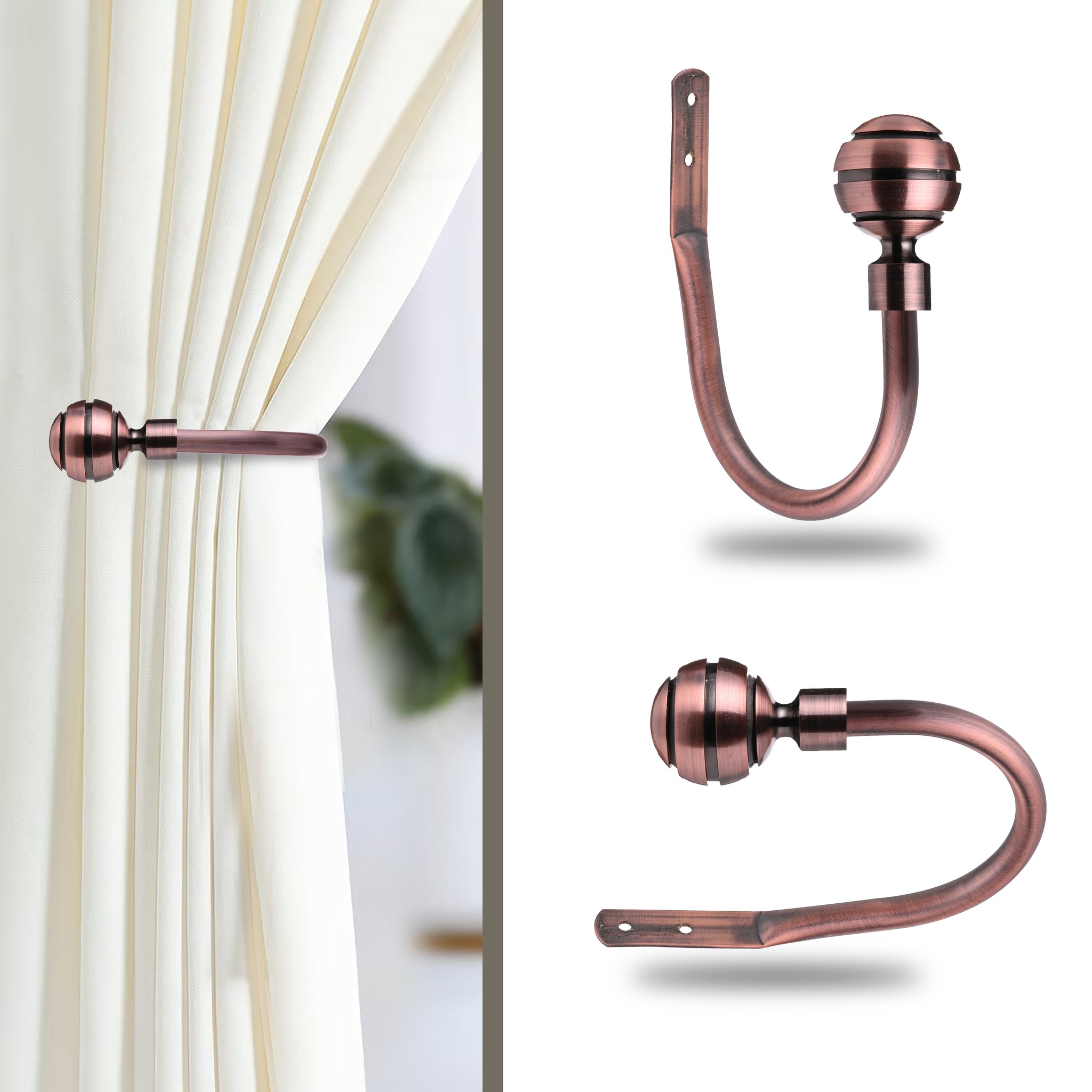 Ribbed Ball Metal Curtain Holdbacks Pair Antique Copper